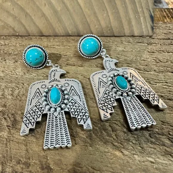 Thunderbird Turquoise 2.5 Inch Long Post Earrings in Antique Silver Finish - Picture 3 of 8